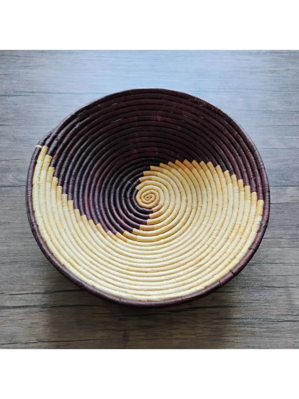 Handwoven African Coil Basket Bowl With Spiral Design - Natural & Brown 12